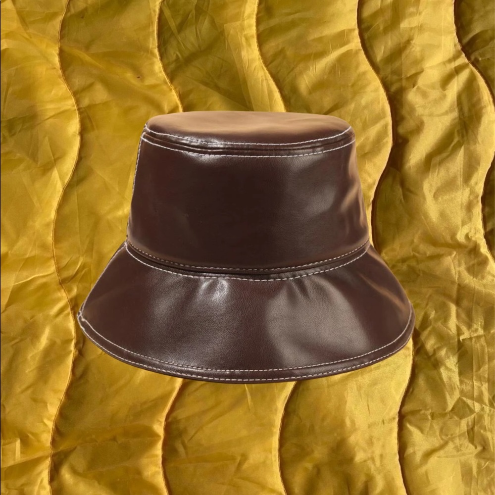 contrast stitch faux brown leather bucket hat NWOT
